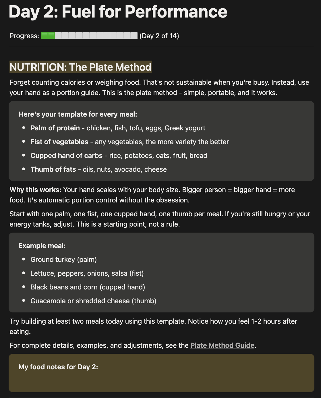 Fuel & Fire Notion template — Day 2 nutrition